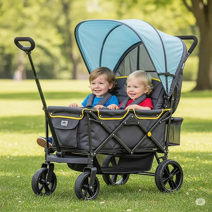 A wagon stroller with an extended, UV-protective canopy, providing ample shade for two toddlers.