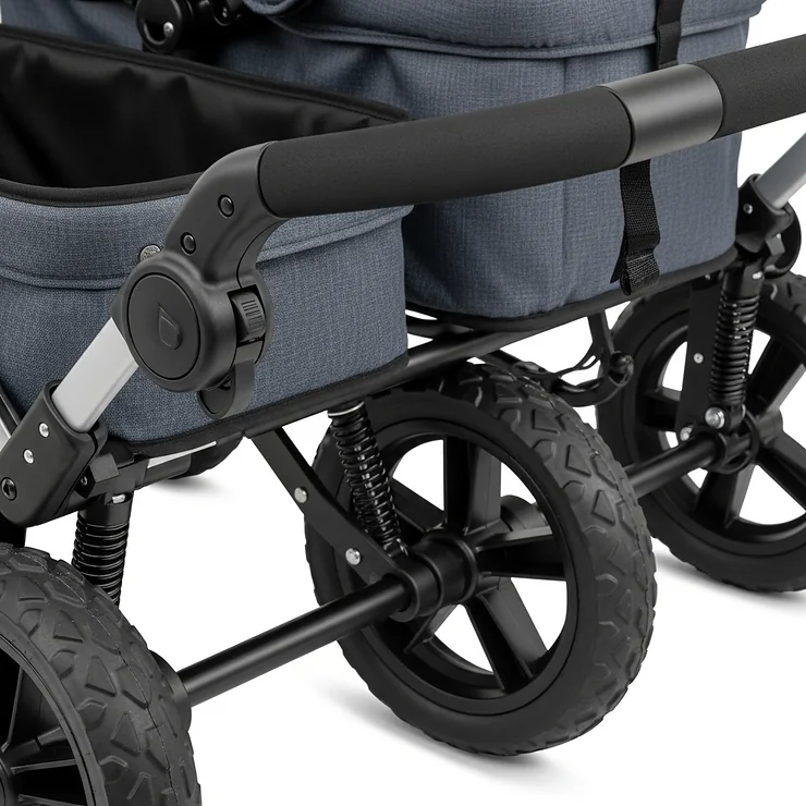 Close-up of key features on a double wagon stroller, including the adjustable handlebar and all-terrain wheels.