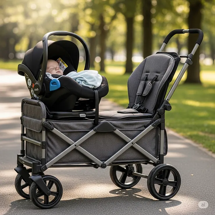A wagon stroller for two with a compatible infant car seat adapter, securely holding a baby's car seat.