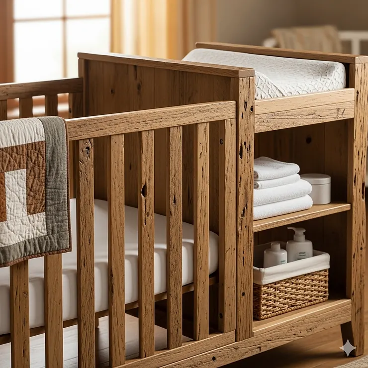 A sample image of a rustic wooden crib with an integrated changing table, emphasizing the natural wood grain.