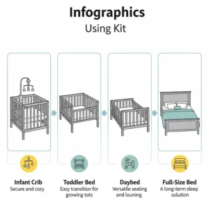 An infographic detailing the four-in-one functionality of cribs with conversion kits, from infant to full-size bed.