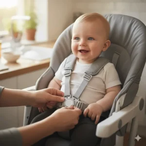 Detail of the secure 5-point safety harness essential for the best folding high chair.