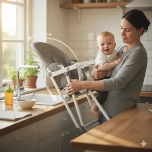 Showing the different height settings on a versatile folding high chair to fit various tables.