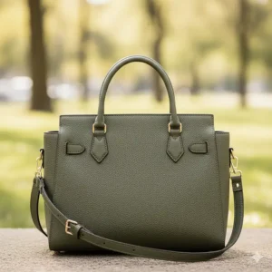 View of the comfortable, adjustable shoulder strap and durable fabric on the back of the practical breast pump purse.