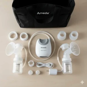Ameda Mya Joy Plus pump kit contents, including the breast pump, two 25mm flanges, two 28.5mm inserts, milk storage bottles, and tubing.