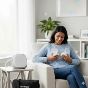 A mom happily using the Ameda Mya Joy Plus breast pump, illustrating the comfort and ease of use.
