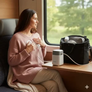 Mother pumping with the portable Ameda Mya Joy Plus breast pump while traveling, showing its convenience for moms on the go.