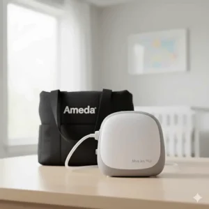 Side view of the Ameda Mya Joy Plus pump, showing its compact, lightweight design that fits easily in the included tote bag.