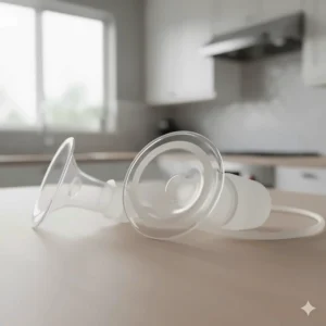 Close-up of the Ameda Mya Joy Plus HygieniKit milk collection system, highlighting its closed system and overflow protection.