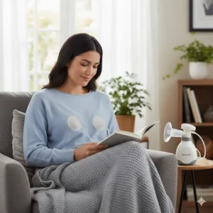 A mother using the Ameda Mya Joy Plus breast pump discreetly, emphasizing its quiet motor technology.