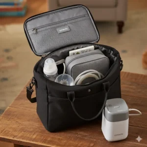 Everything packed inside the Ameda Mya Joy Plus breast pump tote bag, neatly organized for travel.