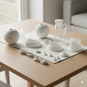 All components of the Ardo Melia wearable breast pump, including the collection cup, motor, and flange, laid out on a clean surface.