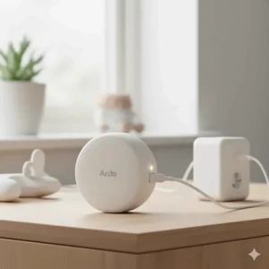 The Ardo Melia wearable breast pump motor connected to its USB-C charging cable.