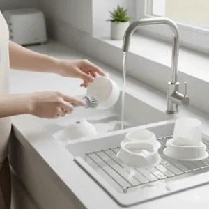 The disassembled parts of the Ardo Melia wearable breast pump being washed in soapy water.