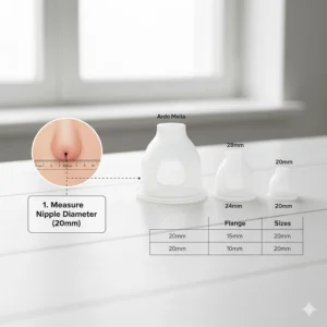 A simple graphic illustrating how to measure for the correct Ardo Melia breast pump flange size.