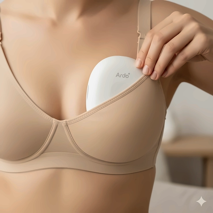 Close-up shot of the Ardo Melia breast pump being discreetly placed inside a nursing bra for hands-free pumping.