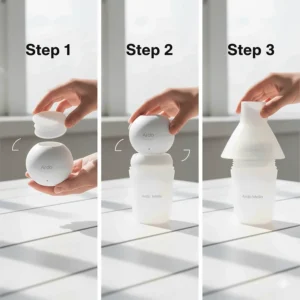 Step-by-step instructions on how to assemble the Ardo Melia wearable breast pump parts before use.