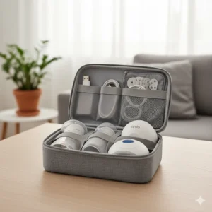 The Ardo Melia portable breast pump and all its accessories neatly packed inside the travel case.