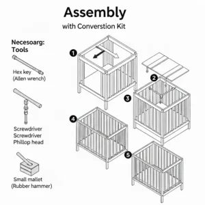 A diagram illustrating the simple assembly process for cribs with conversion kits, including tools needed.