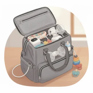 The compact Motif Aura breast pump tucked neatly into a diaper bag, demonstrating its portability and ease of travel.