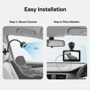 A simple graphic illustrating the easy installation process of a baby car camera, including mounting the camera and placing the monitor.