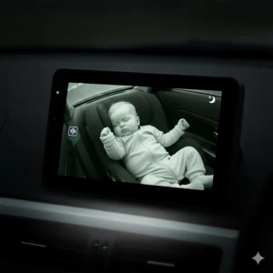 Baby car camera display with a clear night vision view, showing a baby sleeping soundly in a dark car.