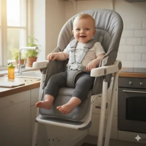 A happy baby seated comfortably in a folding high chair with an adjustable footrest.