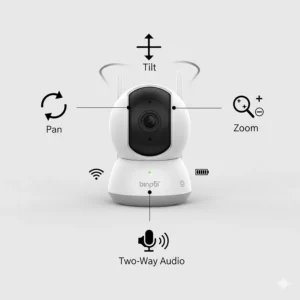 A graphic representation of a baby monitor camera with icons and labels showing its key functions like pan, tilt, zoom, and two-way audio.