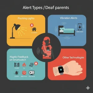 An infographic showing various alert types for deaf parents, including flashing lights, vibration, and haptic feedback on a smartwatch.