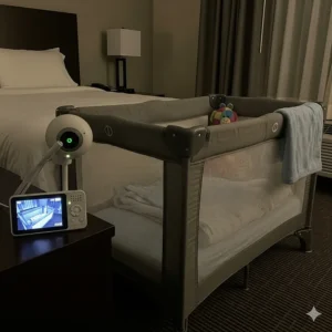 A small portable baby monitor is set up in a hotel room next to a travel crib.