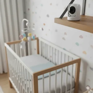 A baby monitor camera positioned on a shelf in a nursery, with a clear view of a baby's crib, showing the optimal placement for effective monitoring.