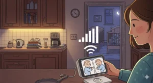 An illustration showing a parent holding a baby monitor in the kitchen while two babies sleep in a distant bedroom. The signal icon indicates a strong, long-range connection.