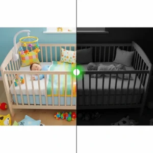 A side-by-side illustration of a baby's crib showing the difference between a normal image and a night vision image from a baby monitor. The night vision image is in clear black and white, highlighting the monitor's low-light capabilities.