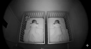 A shot from the perspective of a baby monitor's night vision camera, showing two sleeping twins in a dark nursery. The image should be in a clear, grayscale infrared style.