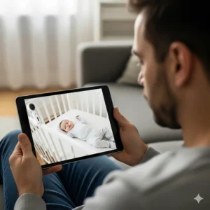 A deaf parent using a tablet to watch their baby sleeping in a crib through a baby monitor, highlighting the video monitoring feature.