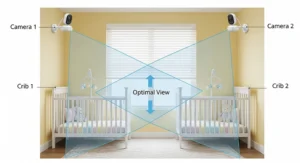 A diagram showing the optimal placement of two baby monitor cameras in a nursery with twin cribs. The cameras are mounted high on the wall, angled down for a full view of both cribs.