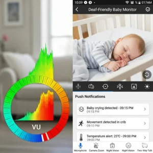 A screenshot of a baby monitor smartphone app, showing features like real-time video, sound level visualization, and push notifications, all essential for a baby monitor for deaf parents.