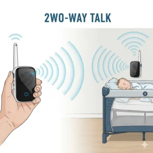 An illustration showing the two-way talk feature of a travel baby monitor, with audio waves going from the parent's unit to the baby's unit.