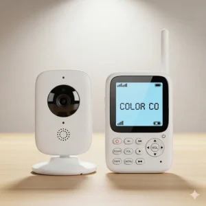 A compact camera unit and a separate parent unit for a portable baby monitor are shown side-by-side.
