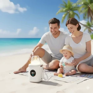 A family enjoys a day at the beach while a durable, portable bottle warmer heats a bottle for their baby.
