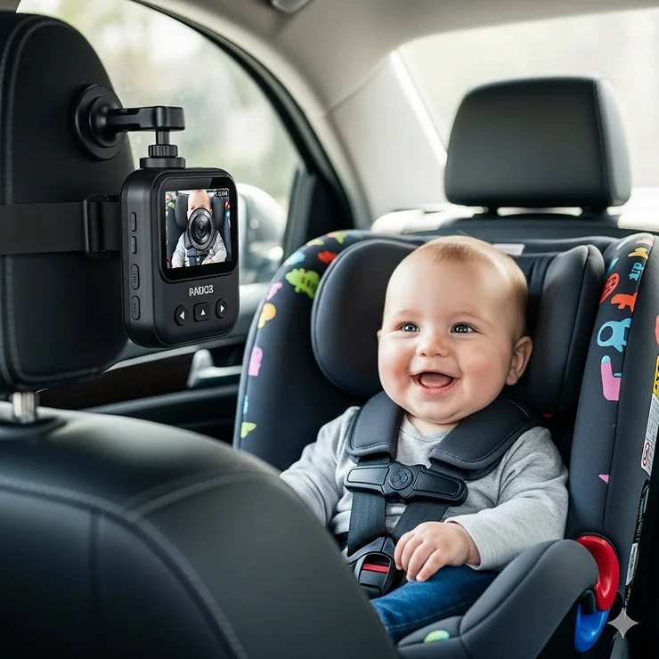 A high-quality baby car camera mounted on the back seat headrest, showing a clear view of a happy baby in a rear-facing car seat. best baby car camera