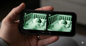 A close-up of a parent's hand holding a split-screen video baby monitor, showing a clear view of two sleeping twins in their separate cribs. The monitor's screen is brightly lit, while the nursery is dark, highlighting the night vision feature. This image effectively communicates the peace of mind offered by the best baby monitor for twins.