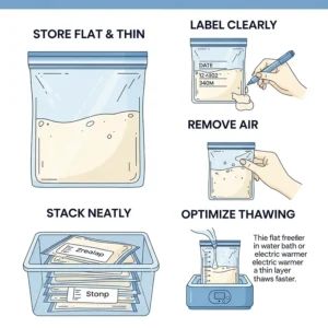 A visual guide on best practices for storing breast milk in freezer bags to optimize thawing with a milk warmer.