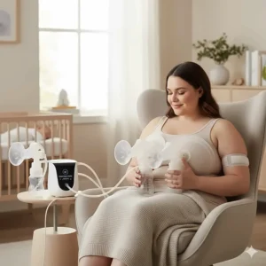 Best breast pump for large breasts shown with a mother comfortably pumping, highlighting the large flange size and ergonomic design.