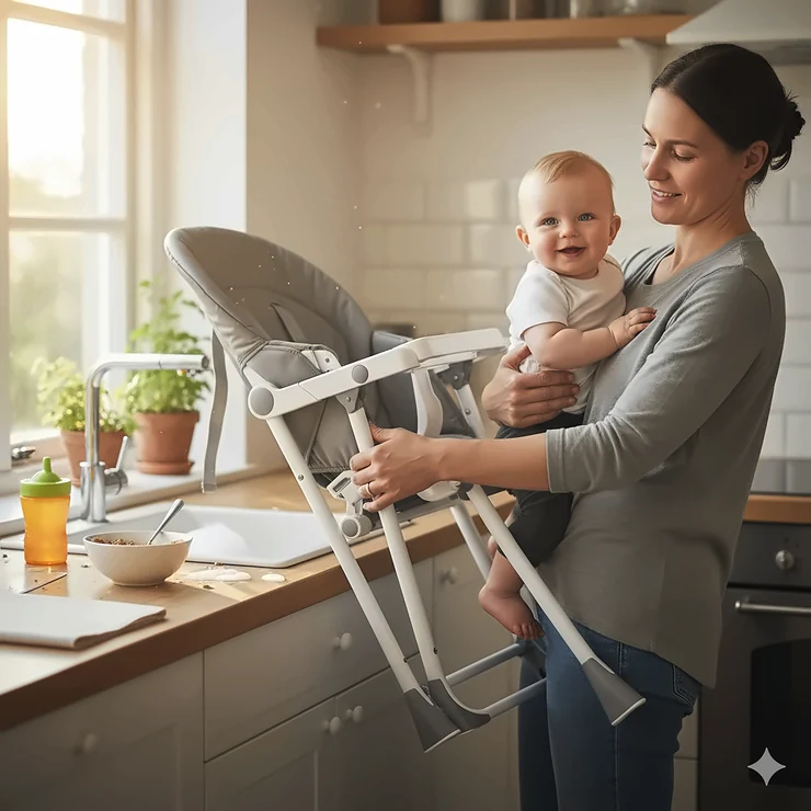 A parent easily folding up the best folding high chair after mealtime, highlighting its compact design.
