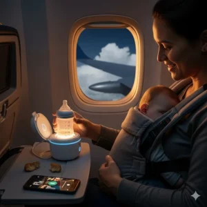 A parent smiles while using a compact, cordless bottle warmer to heat a baby bottle on an airplane, showcasing the best travel bottle warmer for on-the-go parents.