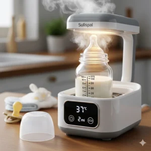 A close-up shot of a glass baby bottle placed inside an electric bottle warmer, with steam gently rising, indicating the warming process.