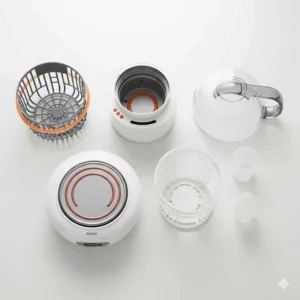 A disassembled bottle warmer, showing its internal components such as the heating element and removable basket, which are easy to clean after warming glass bottles.