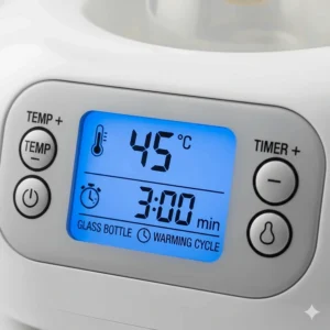 A detailed view of a bottle warmer's digital display, showing precise temperature and timer settings optimized for warming glass bottles.