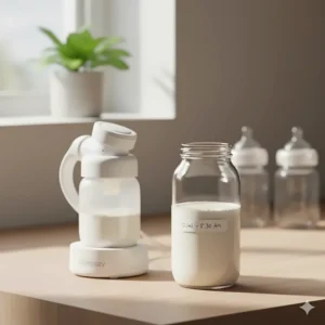 A clear container filled with breast milk, positioned next to a Momcozy pump to show the amount of milk that can be collected.